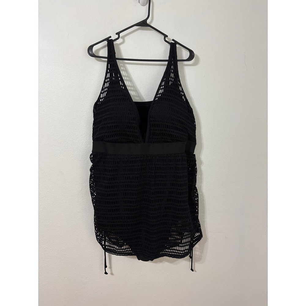 Cacique Swimdress Crochet Mesh Swimsuit Ruched One Piece Black 44DD Fits 26/ 4X